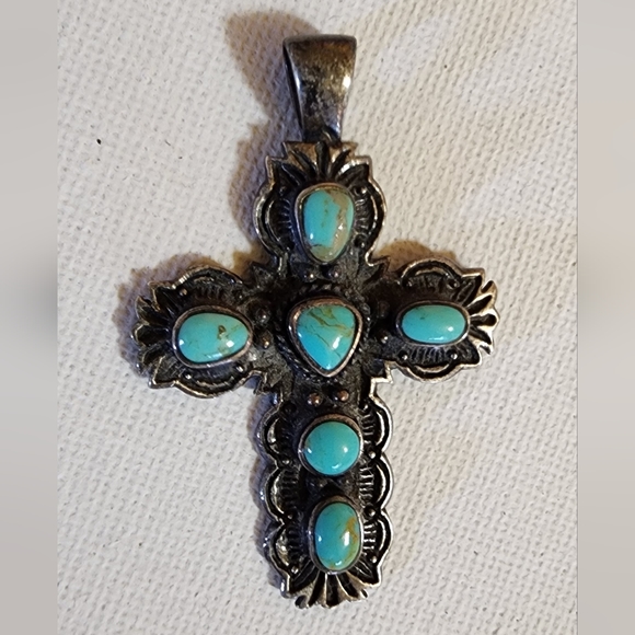 Boho Gypsy Vintage Sleeping Beauty AAA Turquoise Sterling Silver Cross Pendant - Picture 1 of 7